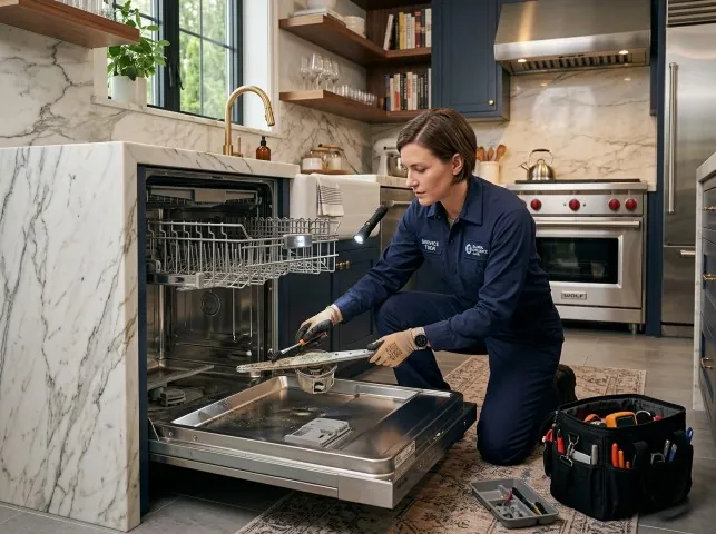Appliance Repair Hero technician servicing a built-in dishwasher in a Bridgeport, NJ kitchen
