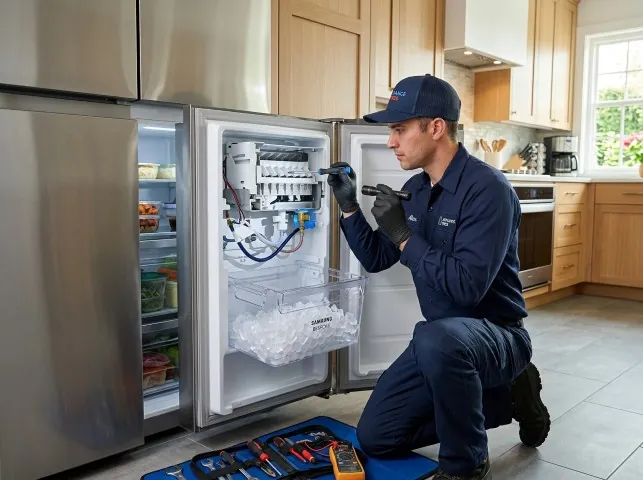Appliance Repair Hero technician repairing a refrigerator ice maker in Bridgeport, NJ